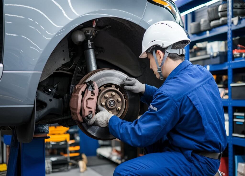 a photo of technician replacing the range rover brake pads